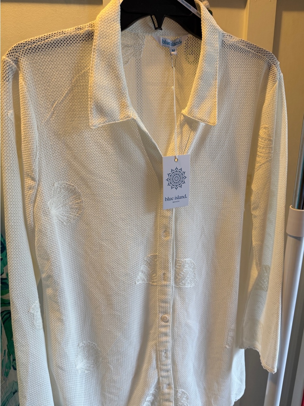 blue island white mesh Knit Button-Front Top/cover-up M NWT